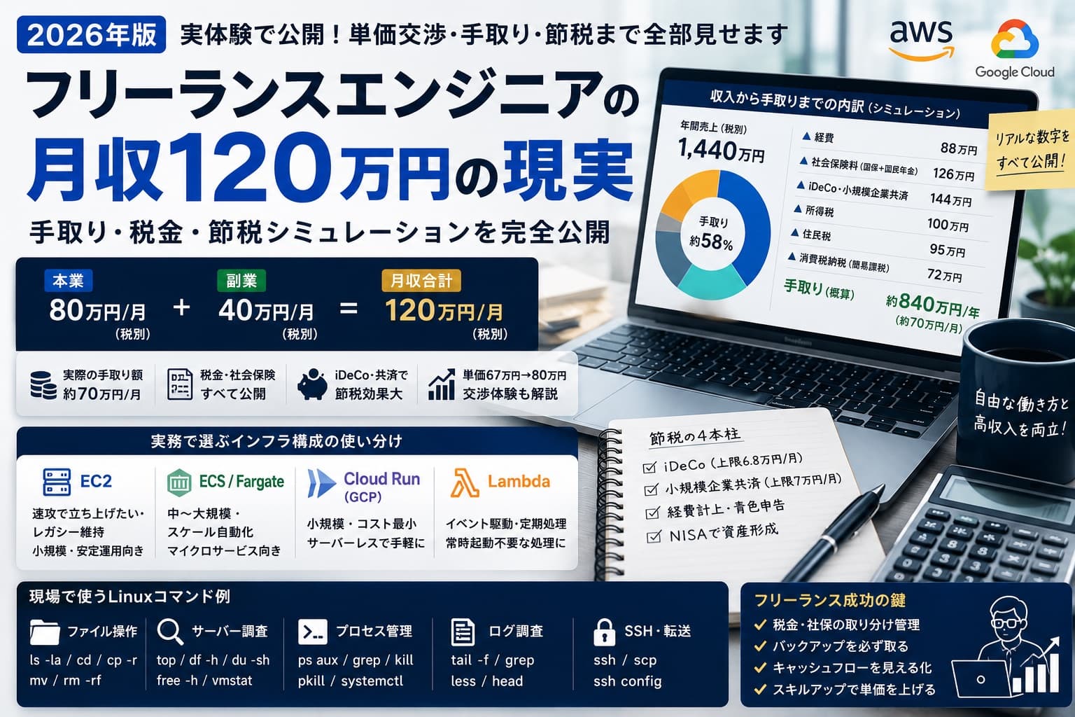 フリーランスエンジニアの月収120万円の現実：手取り・税金・節税シミュレーション