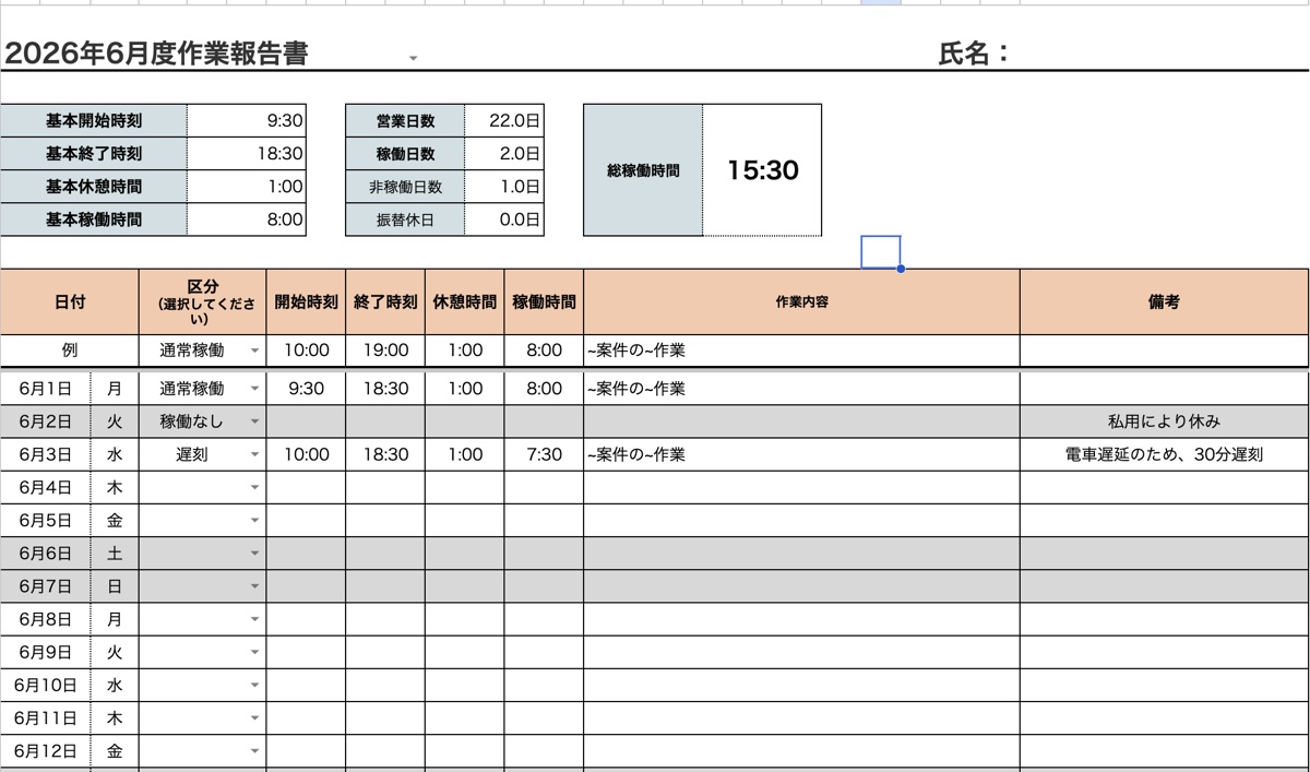 Googleスプレッドシートで作成した稼働報告書のサンプル(作業内容・会社名マスク済み)